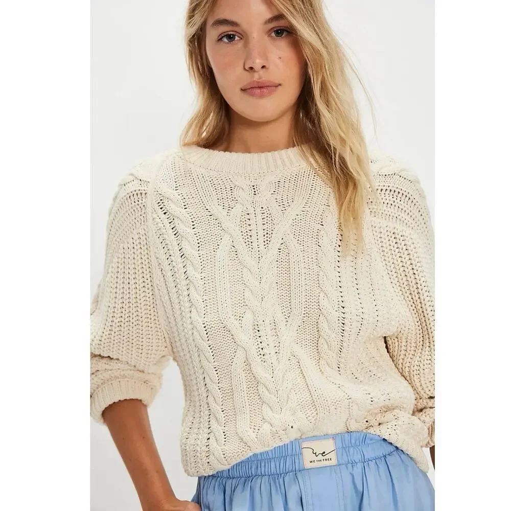 Free People Frankie Cotton Cable Knit Sweater Ivory Cream Medium EUC